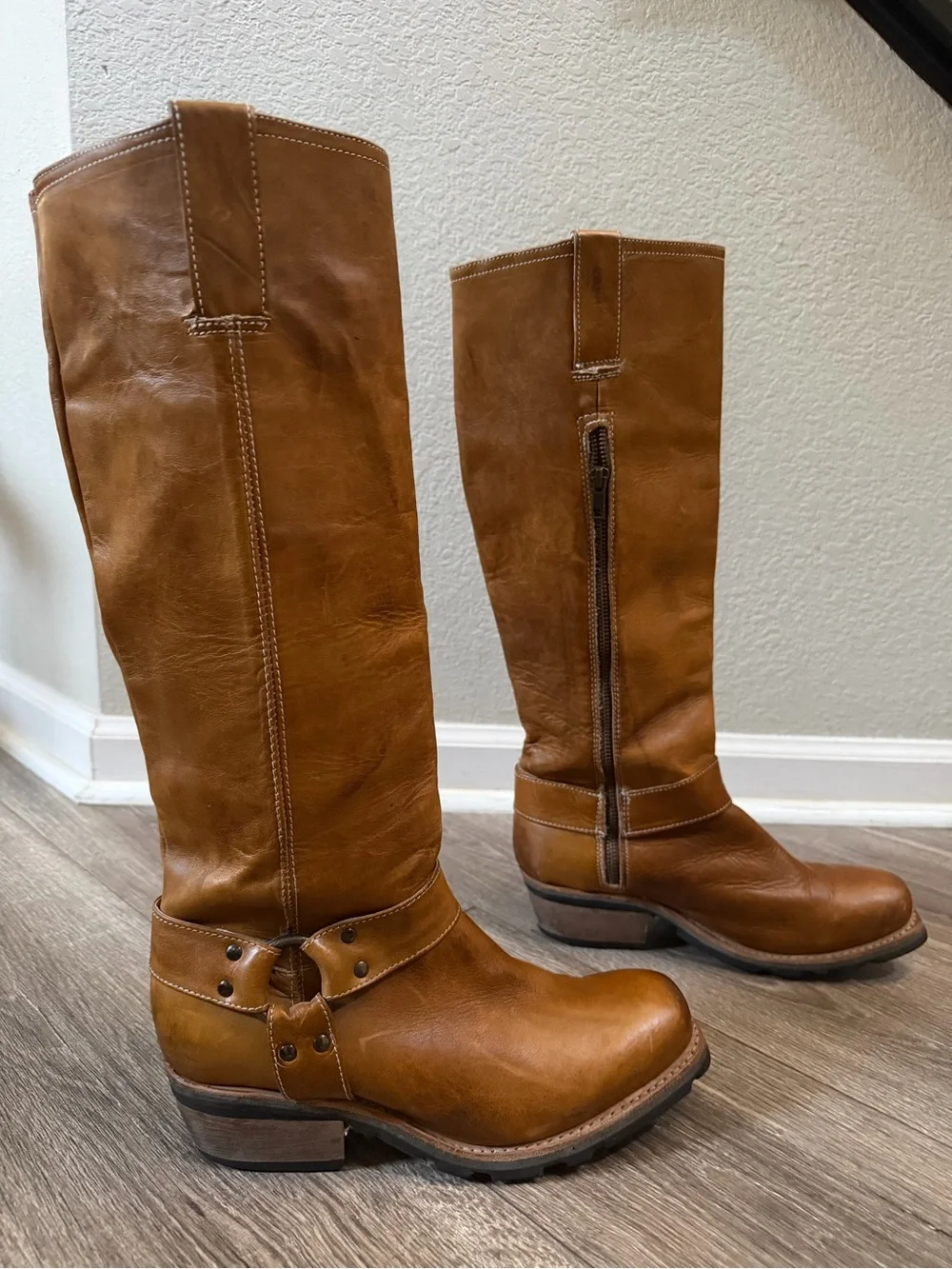 FREEBIRD by Steven Wagner Cognac Leather Tall Harness Boots Sz 10
